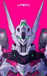  absurdres artist_name azzalea character_name english_commentary english_text green_eyes gundam gundam_lfrith gundam_suisei_no_majo highres looking_at_viewer mecha mobile_suit no_humans pink_background robot science_fiction solo upper_body 