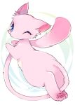  akon_(akon_t) animal_focus between_legs blue_eyes blush commentary english_commentary from_behind full_body looking_at_viewer looking_back mew no_humans one_eye_closed pawpads pink_theme pokemon pokemon_(creature) simple_background solo tail tail_between_legs white_background 