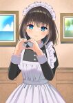  1girl apron bangs black_dress blue_eyes blush bob_cut brown_hair closed_mouth dress hands_up heart heart_hands highres indoors long_sleeves looking_at_viewer maid maid_apron maid_headdress original painting_(object) pechi_(peeechika) short_hair smile solo standing white_apron 