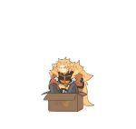  1boy beard blonde_hair blue_eyes box cardboard_box chibi coat facial_hair frown full_body gloves guilty_gear hannim_7h highres in_box in_container knees_up leo_whitefang long_hair looking_at_viewer male_focus no_mouth no_nose orange_print pants sitting solo translation_request very_long_hair white_background 