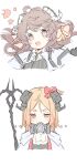  ... 2girls :d absurdres ahoge animal_ears arknights black_choker black_dress blonde_hair blush bow brown_hair choker cosplay costume_switch covered_mouth demon_girl demon_horns dress eyjafjalla_(arknights) feather_choker hair_bow highres horn_bow horn_ornament horns ifrit_(arknights) jacket lionet0806 long_hair mask mask_around_neck multiple_girls open_clothes open_jacket open_mouth red_bow sheep_ears sheep_girl sheep_horns short_hair simple_background smile staff teeth unamused upper_body upper_teeth white_background white_jacket yellow_bow 