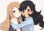 2girls ;o black_hair blue_eyes blue_sweater blush brown_hair closed_mouth collared_shirt commentary_request emma_(pokemon) eyelashes from_side grey_eyes highres hug long_hair long_sleeves multiple_girls nasakixoc one_eye_closed pokemon pokemon_(game) pokemon_xy serena_(pokemon) shirt sleeveless sleeveless_shirt sweater upper_body white_shirt 