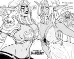  1boy 2girls absurdres anger_vein bb_(baalbuddy) breast_press breasts collarbone coomer_(meme) elf english_text greyscale highres hood large_breasts meme monochrome multiple_girls navel orc pointy_ears quiver revealing_clothes simple_background stomach sylvanas_windrunner symmetrical_docking tyrande_whisperwind warcraft white_background world_of_warcraft 