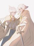  2boys absurdres alef_(sky:_children_of_the_light) alternate_costume bishounen blue_eyes bob_cut chromatic_aberration cowboy_shot daleth_(sky:_children_of_the_light) earrings grey_hair highres holding holding_sword holding_weapon inverted_bob jewelry long_sleeves looking_at_viewer male_focus moxiangwencun multiple_boys short_hair siblings sky:_children_of_the_light sleeve_cuffs spiky_hair standing sword tassel tassel_earrings twins uniform weapon white_background white_hair yellow_eyes 