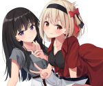  2girls black_hair black_hairband blonde_hair bow closed_mouth commentary_request grey_shirt hair_bow hairband inoue_takina long_hair looking_at_viewer lycoris_recoil multiple_girls nishikigi_chisato open_clothes open_shirt red_bow red_eyes red_shirt shirt short_hair simple_background skirt smile syurimp v violet_eyes white_background white_skirt 