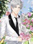  1boy absurdres alcohol balloon black_necktie blue_sky blurry blurry_background bouquet champagne champagne_bottle charlie_su confetti day formal grey_eyes grey_hair highres holding holding_bouquet light_and_night_love long_sleeves male_focus necktie outdoors outoors pink_ribbon ribbon short_hair sky suit taishu white_suit 