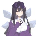  1girl absurdres bangs black_hair bow breasts closed_mouth collared_shirt commentary cookie_(touhou) earrings faustlore hair_bow highres hime_cut jacket jewelry large_breasts long_hair looking_at_viewer mole mole_under_eye neck_ribbon off_shoulder purple_bow purple_jacket purple_nails purple_ribbon ribbon shirt shunga_youkyu sidelocks sleeves_past_wrists smile solo star_(symbol) star_earrings star_sapphire touhou upper_body violet_eyes white_shirt wings 