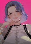 1girl breasts clenched_hand dbdkitty dead_by_daylight frilled_shirt frills hair_behind_ear head_tilt highres kimura_yui large_breasts looking_at_viewer medium_hair pink_background portrait purple_hair shirt smile solo suspenders violet_eyes white_shirt