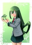  1girl absurdres animal artist_name asui_tsuyu blazer boku_no_hero_academia frog green_background green_hair grey_jacket hair_rings highres holding holding_animal jacket leaf long_hair looking_at_viewer low-tied_long_hair necktie niczierou red_necktie school_uniform simple_background smile standing 