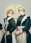  2boys alternate_costume america_(hetalia) apron axis_powers_hetalia blonde_hair blue_eyes bonnet buttons crossdressing enmaided floral_background glasses grey_background grin littleb623 long_sleeves looking_at_viewer maid multiple_boys parted_lips puffy_long_sleeves puffy_sleeves russia_(hetalia) sleeve_cuffs smile tying_apron violet_eyes waist_apron window 