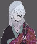  1boy blindfold closed_mouth facepaint facial_mark fur_trim grey_background grey_headwear highres male_focus original outline patterned patterned_clothing simple_background smile solo tabletop_rpg upper_body white_blindfold white_hair white_outline yumeno_ochawan 