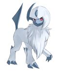  absol animal_focus asymmetrical_hair bright_pupils claws commentary english_commentary full_body highres horezai looking_at_viewer no_humans no_mouth pokemon pokemon_(creature) red_eyes short_hair sidelocks simple_background solo standing white_background white_hair white_pupils white_theme 