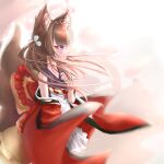  1girl amagi-chan_(azur_lane) animal_ears azur_lane bangs blunt_bangs blurry brown_hair collarbone commentary depth_of_field eyeshadow fox_ears fox_girl fox_tail from_side hair_ornament highres japanese_clothes kyuubi long_hair long_sleeves looking_afar makeup multiple_tails rope shimenawa sidelocks solo symbol-only_commentary tail thick_eyebrows twintails violet_eyes wide_sleeves wind xxxxxg 