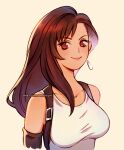  1girl asymmetrical_bangs bangs bare_shoulders black_gloves breasts brown_hair collarbone earrings elbow_gloves final_fantasy final_fantasy_vii gloves jewelry large_breasts long_hair looking_at_viewer red_eyes shirt smile solo suspenders thar_chandran tifa_lockhart upper_body white_shirt 