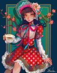  1girl absurdres belt blue_background bow branch cup dress earrings flower highres jewelry original pearl_earrings polka_dot polka_dot_dress red_dress shadow solo teacup tukagamikagera023 