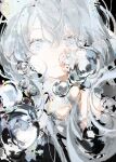  1girl absurdres arknights bangs black_background bubble closed_mouth commentary_request grey_eyes grey_hair hair_between_eyes highres long_hair looking_at_viewer rosmontis_(arknights) simple_background solo upper_body yonghu_pei_yezi 