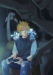  aerith_gainsborough alternate_costume alternate_hairstyle barret_wallace black_shirt blonde_hair blue_eyes blurry blurry_foreground can casual clenched_hand cloud_strife controller couch denim facing_away final_fantasy final_fantasy_vii final_fantasy_vii_remake grabbing grey_hair hair_between_eyes high_collar highres ho_fan holding holding_can holding_controller holding_hands hood hood_down indoors jeans long_hair male_focus multiple_boys on_shoulder open_mouth pants ponytail red_xiii sabotender scar scar_on_cheek scar_on_face sephiroth shirt short_hair short_sleeves sitting smile spiky_hair talking_on_phone tifa_lockhart torn_clothes upper_body wristband zack_fair 