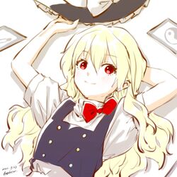  100th_black_market 1girl black_vest blonde_hair bow buttons hat hat_bow highres kageharu kirisame_marisa long_hair lying puffy_short_sleeves puffy_sleeves red_bow red_eyes shirt short_sleeves touhou vest white_shirt witch_hat 