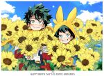  2boys bangs belt birthday blue_sky blurry blurry_background blush bodysuit boku_no_hero_academia border cape character_name closed_mouth clouds diffraction_spikes dot_nose english_commentary field flower flower_field freckles gloves grass green_bodysuit green_eyes green_hair happy_birthday highres looking_at_viewer midoriya_izuku mixed-language_commentary multiple_boys object_hug onesie otogino31 sky smile sparkle split_mouth straight-on sunflower teeth timestamp twitter_username utility_belt white_border white_gloves yellow_cape younger 
