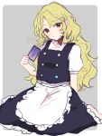  100th_black_market 1girl apron black_skirt black_vest blonde_hair blush card closed_mouth highres holding holding_card kirisame_marisa long_hair necono_(nyu6poko) red_eyes shirt short_sleeves skirt solo touhou vest waist_apron white_apron white_shirt 