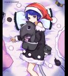  1girl blue_eyes blue_hair blush closed_mouth commentary_request doremy_sweet feet_out_of_frame hat highres howhow_notei long_sleeves nightcap pillow pom_pom_(clothes) red_headwear short_hair solo stuffed_animal stuffed_toy touhou 