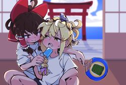  2girls alternate_costume blonde_hair blue_sky blurry blurry_background blush bow brown_hair closed_mouth clouds cookie_(touhou) day eyewear_on_head feet_out_of_frame fish food glasses gram_9 hair_bow hakurei_reimu hand_fan holding holding_fan indoors kirisame_marisa looking_at_another medium_hair multiple_girls open_mouth popsicle red_bow red_eyes reu_(cookie) shirt shirt_grab sitting sky smile torii touhou uzuki_(cookie) white_shirt yellow_eyes yuri 