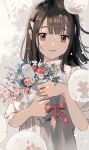  1girl bangs blush bouquet brown_hair collared_dress dress flower hands_up highres holding holding_bouquet looking_at_viewer medium_hair open_mouth original pink_eyes pink_flower red_ribbon ribbon short_sleeves smile solo tadano_(toriaezu_na_page) teeth upper_teeth white_dress 