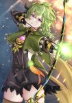  1girl absurdres bow cape collei_(genshin_impact) detached_sleeves dress genshin_impact gloves green_hair hair_ornament highres holding jewelry long_hair long_sleeves musanix simple_background solo thighs violet_eyes vision_(genshin_impact) 