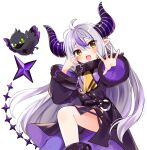 1girl :d absurdres ahoge bangs black_coat black_horns blush braid braided_bangs buttons coat collar crow_(la+_darknesss) demon_girl demon_horns double-breasted hair_between_eyes highres hololive horns la+_darknesss long_hair long_sleeves looking_at_viewer multicolored_hair neckerchief open_mouth pointy_ears purple_hair purple_horns reaching_out shinomiya_shino_(sinosino141) sidelocks smile solo_focus streaked_hair striped_horns tail trench_coat very_long_hair virtual_youtuber wide_sleeves yellow_eyes yellow_neckerchief 