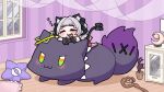  2girls :3 animal animal_ears bow cat_ears cat_girl cat_tail closed_eyes gawr_gura green_eyes grey_hair highres hololive hololive_english komainu_channel multicolored_eyes multiple_girls murasaki_shion open_mouth orange_eyes oversized_animal pillow sharp_teeth shiokko_(murasaki_shion) smile staff striped striped_wall tail tail_bow tail_ornament teeth virtual_youtuber 