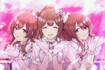  3girls absurdres alstroemeria_(idolmaster) bangs blunt_bangs blush bow breasts brown_hair closed_eyes closed_mouth commentary_request dress flower gloves hair_between_eyes hair_bow hair_flower hair_ornament hair_over_one_eye highres idolmaster idolmaster_shiny_colors kusaka_io kuwayama_chiyuki light_brown_hair long_hair looking_at_viewer medium_breasts multiple_girls open_mouth osaki_amana osaki_tenka parted_lips ponytail smile yellow_eyes 