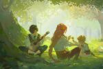  3boys acoustic_guitar bangs black_hair black_pants blonde_hair blue_ribbon braid braided_ponytail brown_pants brown_shorts character_request child closed_eyes collared_shirt dappled_sunlight day dream_smp eyelashes feisekong286 flower flower_braid forest giving grass guitar hair_flower hair_ornament hair_over_one_eye hand_up highres holding holding_flower holding_instrument indian_style instrument knees_up long_hair long_sleeves looking_at_another looking_away male_child moss multiple_boys music nature neck_ribbon on_ground outdoors outstretched_arm pants playing_instrument red_ribbon ribbon rock shirt shoes short_hair shorts single_braid sitting sunlight suspender_shorts suspenders technoblade tommyinnit tree tree_shade under_tree very_long_hair vest wariza white_shirt yellow_flower 