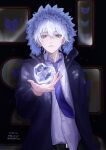  1boy absurdres bal_ctrl_z blue_butterfly blue_eyes blue_necktie bug butterfly coat ear_piercing gem hair_between_eyes heart highres hooded_coat indoors looking_at_viewer male_focus necktie original piercing shirt standing twitter_username white_hair white_shirt 