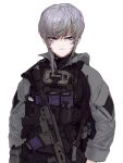  1girl alma01 assault_rifle balisong blue_eyes bulletproof_vest cellphone english_text grey_hair gun highres holster holstered_weapon jacket knife magazine_(weapon) original phone radio rifle scar scar_on_face short_hair smartphone solo tactical_clothes weapon weapon_request white_background 