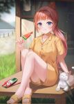  1girl bangs blue_eyes cat closed_mouth crossed_legs day eating food fruit highres holding holding_food long_hair looking_at_viewer love30426906 original ponytail popsicle redhead sandals short_sleeves shorts sidelocks sitting solo very_long_hair watermelon watermelon_bar white_cat 