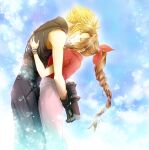  1boy 1girl aerith_gainsborough arm_armor arms_around_waist baggy_pants bangle bangs bare_shoulders belt blonde_hair blue_background blue_pants blue_shirt bracelet braid braided_ponytail brown_hair closed_eyes cloud_strife clouds cloudy_sky couple cropped_jacket dress final_fantasy final_fantasy_vii gloves hair_ribbon hug jacket jewelry kiss kissing_cheek leaning_back leaning_forward long_dress long_hair multiple_belts pants parted_bangs parted_lips persia_(blue-sky) pink_dress red_jacket red_ribbon ribbon shirt short_hair short_sleeves sidelocks simple_background sky sleeveless sleeveless_turtleneck smile spiky_hair suspenders turtleneck upper_body wavy_hair 