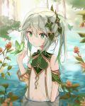  1girl absurdres bangs blezer blurry blurry_background blurry_foreground blush bug butterfly commentary_request depth_of_field detached_sleeves dress genshin_impact gradient_hair green_butterfly green_eyes green_hair grey_hair hair_between_eyes hair_ornament highres in_water jewelry kusanali_(genshin_impact) medium_hair multicolored_hair outdoors pointy_ears see-through see-through_dress side_ponytail sidelocks solo symbol-shaped_pupils two-tone_hair water wet wet_clothes wet_hair white_dress 
