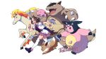  1girl absurdres animal_ears belt braid brown_hair commentary cropped_jacket eevee english_commentary french_braid frilled_skirt frills fuyukayui highres horse_ears horse_girl horse_tail kangaskhan miltank miniskirt multicolored_hair pokemon rapidash running shoes short_hair simple_background skirt special_week_(umamusume) tail thigh-highs trait_connection two-tone_hair umamusume white_background white_hair white_thighhighs 