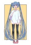  1girl absurdres aqua_eyes bare_shoulders blush border framed hand_on_own_chest hatsune_miku highres light_blue_hair long_hair long_shirt looking_at_viewer loose_sleeves myakuroekako off_shoulder open_mouth pigeon-toed pink_footwear shirt shoes smile sneakers solo t-shirt thigh-highs twintails very_long_hair vocaloid wide_sleeves yellow_background zettai_ryouiki 