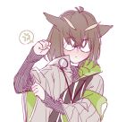  1girl adjusting_sleeves anger_vein antenna_hair arknights brown_hair brown_sweater clenched_hands glasses jacket kemono_(fukanasumi) long_sleeves opaque_glasses owl_ears ribbed_sweater short_hair silence_(arknights) simple_background solo spoken_anger_vein sweater upper_body v-shaped_eyebrows white_background white_jacket wide_sleeves 