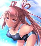  1girl absurdres arms_behind_back brown_hair competition_swimsuit covered_navel highres kanna_(minamozuki) leaning_forward long_hair mizuki_yukikaze one-piece_swimsuit one-piece_tan smile solo swimsuit taimanin_(series) taimanin_yukikaze tan tanlines upturned_eyes violet_eyes 