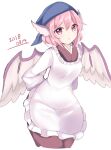  1girl animal_ears apron bird_ears bird_wings blush dated hair_between_eyes head_scarf highres kappougi long_sleeves mystia_lorelei okamisty ougi_hina parted_lips pink_eyes pink_hair short_hair simple_background solo touhou white_background white_wings wings 