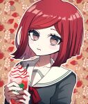  1girl artist_name bangs closed_mouth cup danganronpa_(series) danganronpa_v3:_killing_harmony floral_print flower food food_print grey_shirt holding holding_cup ice_cream looking_at_viewer mikao_(eanv5385) multicolored_hair neck_ribbon red_background red_eyes red_ribbon ribbon sailor_collar shiny shiny_hair shirt short_hair solo strawberry_print two-tone_hair watermark white_flower white_sailor_collar yumeno_himiko 