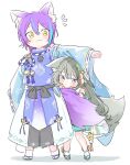  1boy 1girl animal_ear_fluff animal_ears aqua_hair bangs bell blue_robe blush chibi clinging detached_sleeves ears_down fox_boy fox_ears fox_girl fox_tail full_body geta green_hair hair_between_eyes hair_ornament hands_up height_difference hiding hiding_behind_another highres holding_another&#039;s_tail japanese_clothes jingle_bell kamishiro_rui kariginu kusanagi_nene long_hair long_sleeves looking_at_viewer multicolored_hair outstretched_arm peeking_out pom_pom_(clothes) project_sekai purple_hair ribbon-trimmed_sleeves ribbon_trim robe sekai_yoni short_hair sidelocks simple_background socks standing streaked_hair tabi tail tassel very_long_hair violet_eyes white_background white_socks wide_sleeves yellow_eyes 