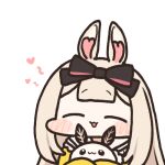  1girl :3 animal_ears bangs black_background black_bow blonde_hair blunt_bangs bow chibi closed_eyes closed_mouth commentary_request hair_bow heart holding jazz_jack long_hair lowres open_mouth rabbit rabbit_ears rabbit_girl simple_background solo upper_body virtual_youtuber vyugen yenko_(vtuber) 