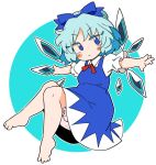  1girl barefoot blue_bow blue_dress blue_eyes blue_hair blush bow cirno closed_mouth collared_shirt detached_wings dress fairy hair_bow ice ice_wings ini_(inunabe00) puffy_short_sleeves puffy_sleeves shirt short_hair short_sleeves solo touhou white_shirt wings 