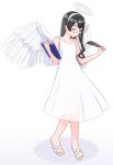  1girl alternate_costume angel_wings barefoot black_hair book closed_eyes closed_mouth dress feathered_wings full_body geometrie glasses gradient gradient_background hair_between_eyes hairband halo holding holding_book holding_quill kantai_collection long_hair ooyodo_(kancolle) quill sandals smile solo white_background white_dress white_hairband white_wings wings 