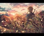  1boy blonde_hair blue_tunic clouds cloudy_sky earrings facing_away falling_petals grass hill jewelry kunugi37 layered_shirt link long_sleeves looking_afar low_ponytail male_focus medium_hair outdoors petals pointy_ears shield short_ponytail short_sleeves sidelocks sky solo sunlight sunset sword the_legend_of_zelda the_legend_of_zelda:_breath_of_the_wild upper_body weapon weapon_on_back 