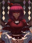  absurdres artist_name bangs dress highres layered_sleeves long_sleeves looking_at_viewer own_hands_together puffy_short_sleeves puffy_sleeves purple_hair red_dress red_eyes rope shaded_face shide shimenawa short_hair short_over_long_sleeves short_sleeves top-exerou touhou yasaka_kanako 