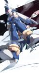  1girl android armor blue_eyes boots breasts crossed_legs gloves helmet highres huanxiang_huifeng ice ice_crystal invisible_chair leviathan_(mega_man) mega_man_(series) mega_man_zero one_eye_covered polearm sitting smile snow spear splashing thigh-highs thigh_boots toes twitter_username weapon 